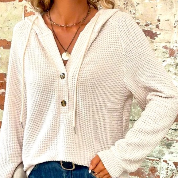 Raglan Sleeve Half Button Drawstring Hoodie Top - Picture 1 of 7